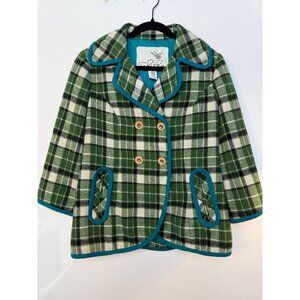 Anthropologie Tabitha Green Plaid Double-Breasted Jacket S Wool Blend Teal Trim